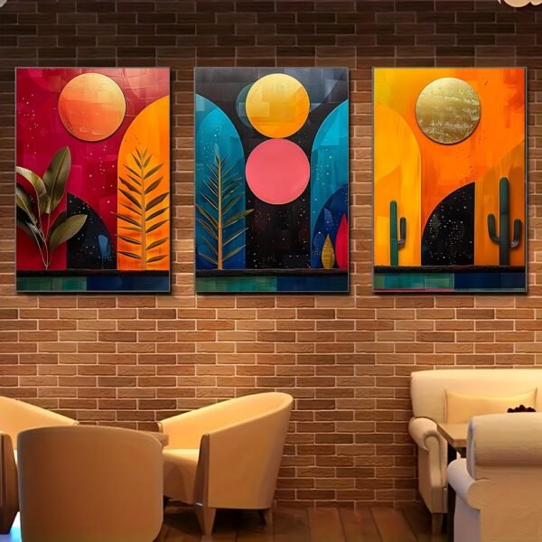 لوحات جدارية مودرن ملونة بتصميم هندسي عصري طقم 3 لوحات كانفا بألوان زاهية