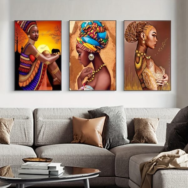 لوحات حائط أفريقية مودرن طقم 3 لوحات كانفا بتصميم فني لنساء أفريقيات