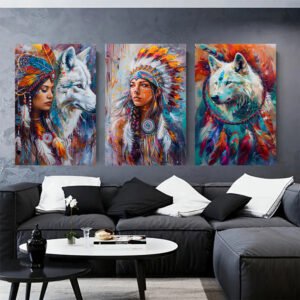 لوحات حائط الهنود الحمر مودرن طقم 3 لوحات كانفا بتصميم فني ملون