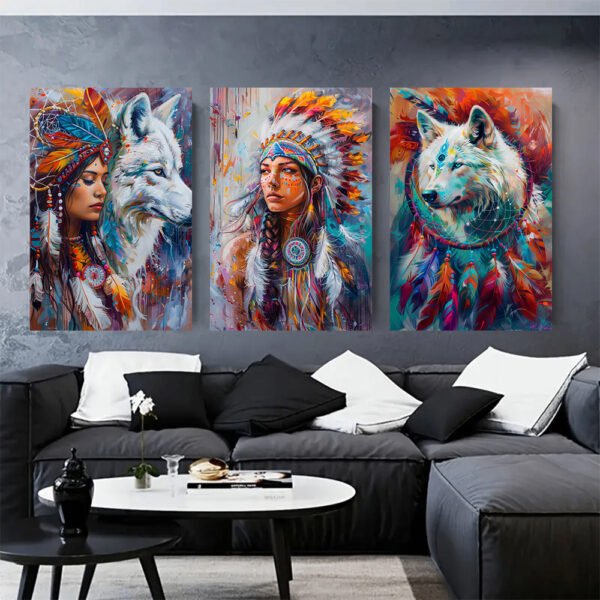 لوحات حائط الهنود الحمر مودرن طقم 3 لوحات كانفا بتصميم فني ملون