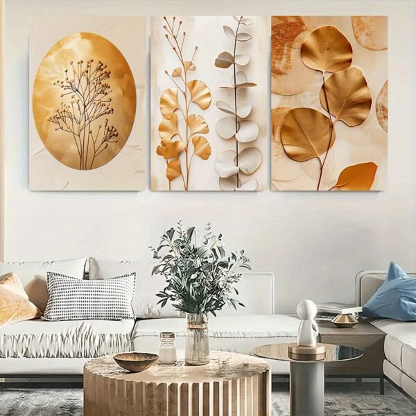 لوحات حائط أوراق ذهبية مودرن للصالون طقم 3 لوحات كانفا بتصميم نباتات ذهبية أنيقة