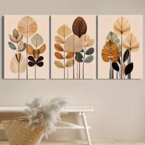 لوحات حائط أوراق نباتية مودرن طقم 3 لوحات كانفا بتصميم أنيق للصالون