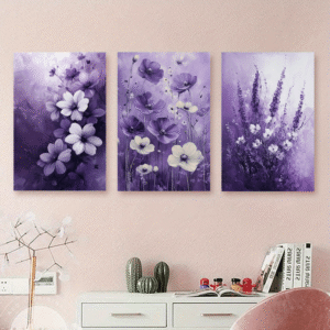 لوحات حائط بنفسجية للصالون طقم 3 لوحات كانفا بتصميم زهور بنفسجية