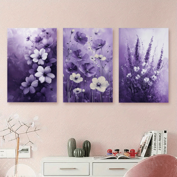 لوحات حائط بنفسجية للصالون طقم 3 لوحات كانفا بتصميم زهور بنفسجية