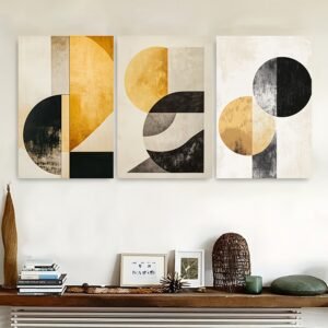 لوحات حائط تجريدية ذهبية طقم 3 لوحات كانفا بتصميم هندسي عصري