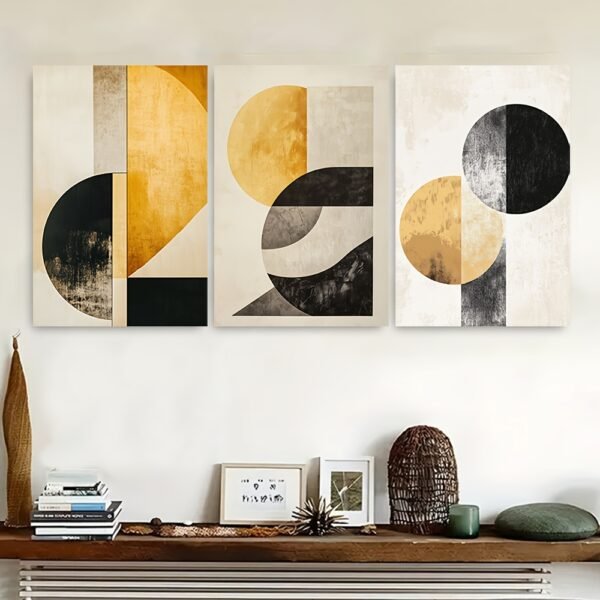 لوحات حائط تجريدية ذهبية طقم 3 لوحات كانفا بتصميم هندسي عصري