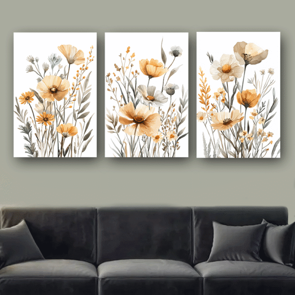 لوحات-حائط-زهور-برية-أنيقة-طقم-3-لوحات-كانفا لوحات حائط زهور برية أنيقة طقم 3 لوحات كانفا بتصميم طبيعي مودرن
