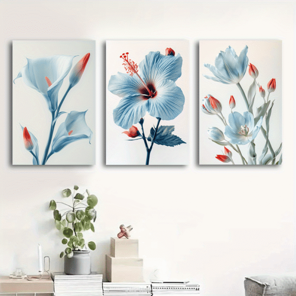 لوحات حائط زهور بيضاء مودرن طقم 3 لوحات كانفا بتصميم أنيق للصالون