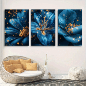 لوحات حائط زهور زرقاء فاخرة طقم 3 لوحات كانفا بتصميم فني أنيق للصالون