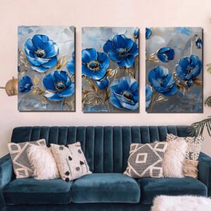 لوحات حائط زهور زرقاء فخمة طقم 3 لوحات كانفا بتصميم أنيق للصالون