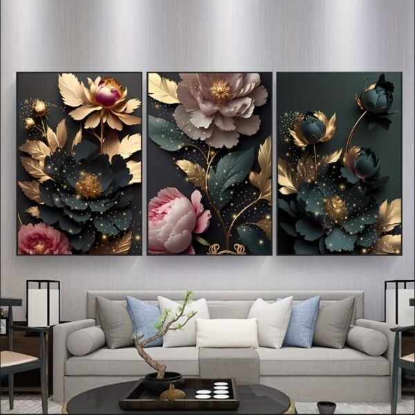 لوحات حائط زهور فاخرة طقم 3 لوحات كانفا بتصميم زهور ذهبية أنيقة