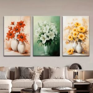 لوحات حائط زهور مودرن طقم 3 لوحات كانفا بتصميم أنيق لديكور الصالون
