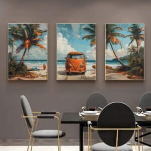 لوحات حائط شاطئ استوائي طقم 3 لوحات كانفا بتصميم بحر ونخيل وسيارة كلاسيكية