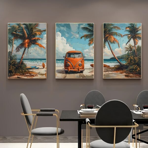 لوحات حائط شاطئ استوائي طقم 3 لوحات كانفا بتصميم بحر ونخيل وسيارة كلاسيكية