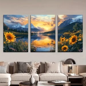 لوحات حائط طبيعة مع عباد الشمس طقم 3 لوحات كانفا بتصميم منظر طبيعي أنيق