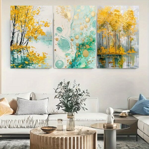 لوحات حائط طبيعة مودرن للصالون طقم 3 لوحات كانفا بتصميم أشجار ذهبية وبحيرة هادئة