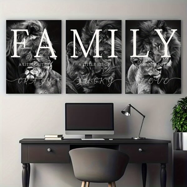 لوحات حائط عائلة أسود وأبيض مودرن طقم 3 لوحات كانفا بتصميم أسود وأبيض مع عبارة FAMILY