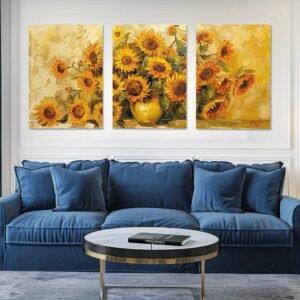 لوحات حائط عباد الشمس طقم 3 لوحات كانفا بتصميم زهور صفراء للصالون