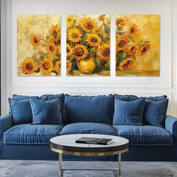 لوحات حائط عباد الشمس طقم 3 لوحات كانفا بتصميم زهور صفراء للصالون