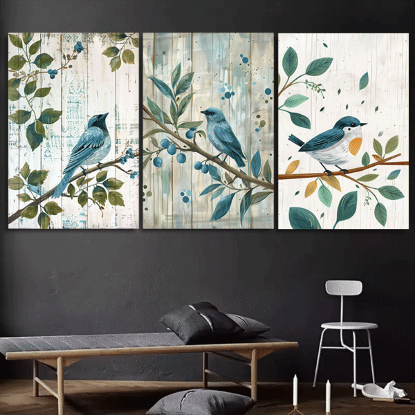 لوحات حائط عصافير مودرن للصالون طقم 3 لوحات كانفا بتصميم طيور على أغصان