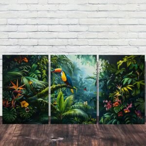 لوحات حائط غابة استوائية طقم 3 لوحات كانفا بتصميم طبيعة استوائية مع طائر ملون