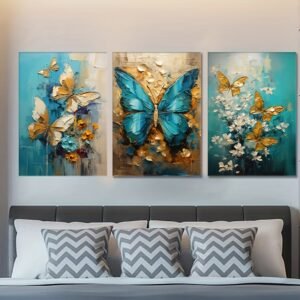 لوحات حائط فراشات مودرن طقم 3 لوحات كانفا بتصميم فراشات زرقاء وذهبية