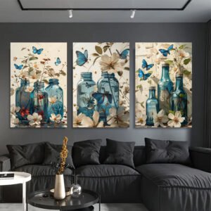 لوحات-حائط-فراشات-وزهور-مودرن-طقم-3-لوحات-كانفا لوحات حائط فراشات وزهور مودرن طقم 3 لوحات كانفا بتصميم أنيق للصالون