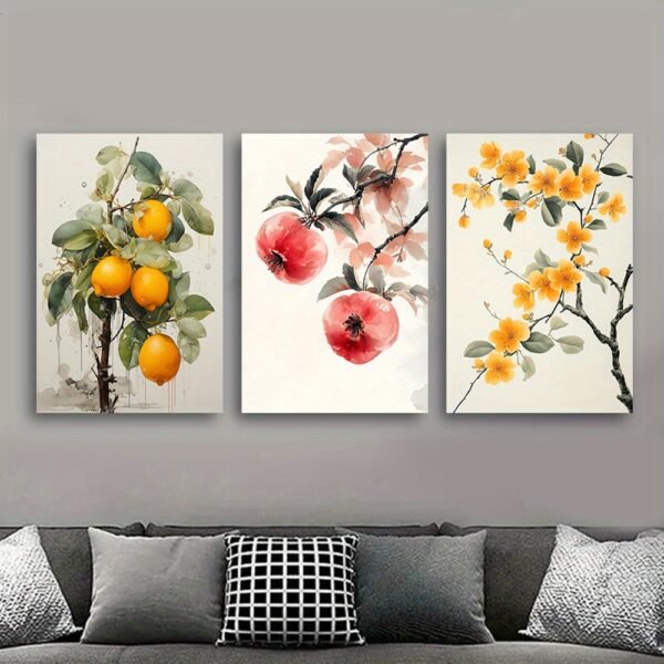 لوحات حائط فواكه مودرن للصالون طقم 3 لوحات كانفا بتصميم فواكه وزهور طبيعية