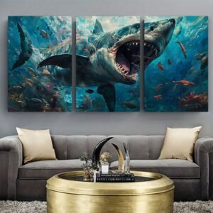 لوحات حائط قرش مودرن ثلاثية بتصميم بحري قوي مطبوعة على كانفا عالية الجودة