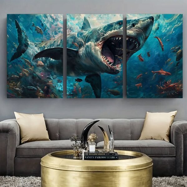 لوحات-حائط-قرش-مودرن-ثلاثية-كانفا-ديكور-بحري لوحات حائط قرش مودرن ثلاثية بتصميم بحري قوي مطبوعة على كانفا عالية الجودة