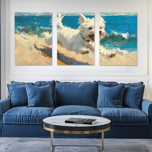 لوحات حائط كلب مودرن للصالون طقم 3 لوحات كانفا بتصميم كلب على الشاطئ