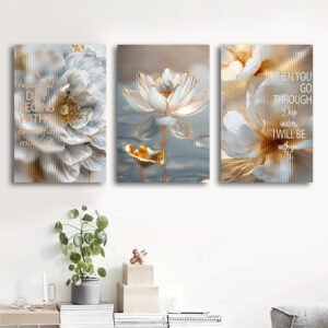 لوحات-حائط-لوتس-مودرن-ذهبية-طقم-3-لوحات-كانفا لوحات حائط لوتس مودرن ذهبية طقم 3 لوحات كانفا بتصميم فاخر للصالون