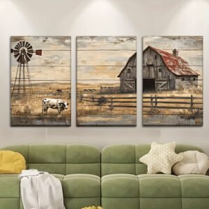 لوحات حائط مزرعة ريفية طقم 3 لوحات كانفا بتصميم ريفي أنيق لديكور المنزل