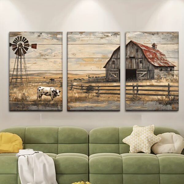 لوحات حائط مزرعة ريفية طقم 3 لوحات كانفا بتصميم ريفي أنيق لديكور المنزل