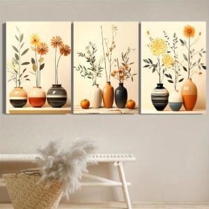 لوحات حائط مزهريات مودرن طقم 3 لوحات كانفا بتصميم زهور أنيق