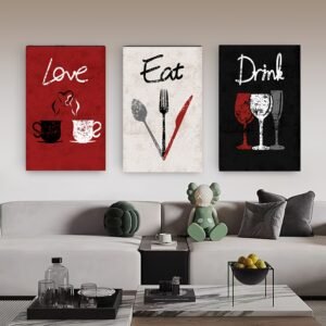 لوحات-حائط-مطبخ-مودرن-Love-Eat-Drink-طقم-3-لوحات لوحات حائط مطبخ مودرن Love Eat Drink طقم 3 لوحات كانفا بألوان أحمر وأسود وبيج