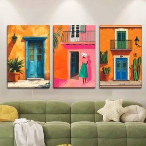 لوحات-حائط-منازل-ملونة-مودرن-طقم-3-لوحات-كانفا لوحات حائط منازل ملونة مودرن طقم 3 لوحات كانفا بتصميم فني للصالون