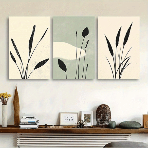 لوحات حائط نباتات مودرن للصالون طقم 3 لوحات كانفا بتصميم نباتات بسيط