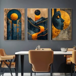 لوحات فنية تجريدية مودرن طقم 3 لوحات كانفا بتصميم فني عصري وألوان ذهبية وزرقاء