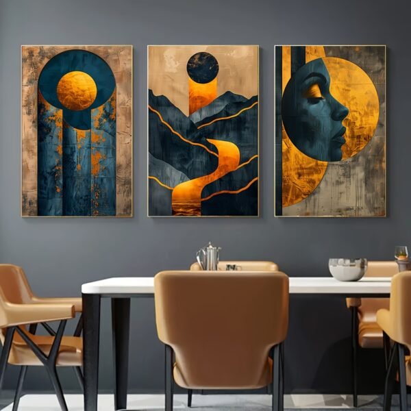 لوحات فنية تجريدية مودرن طقم 3 لوحات كانفا بتصميم فني عصري وألوان ذهبية وزرقاء