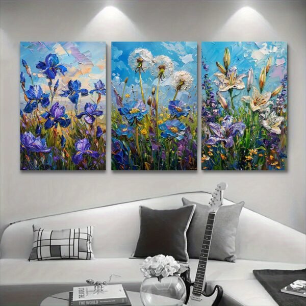 لوحات كانفا للصالون طقم 3 لوحات بتصميم زهور ملونة مودرن