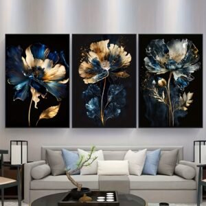 لوحات ورود فخمة مودرن طقم 3 لوحات كانفا بتصميم زهري فاخر بألوان داكنة وذهبية