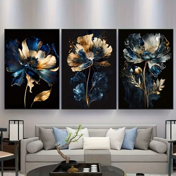 لوحات ورود فخمة مودرن طقم 3 لوحات كانفا بتصميم زهري فاخر بألوان داكنة وذهبية
