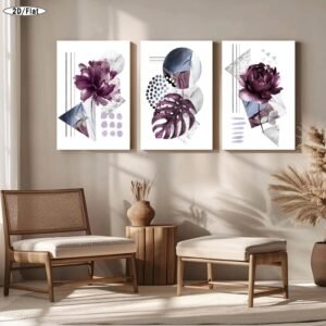 لوحة كانفا زهور مودرن للصالون 3 قطع بنفسجي