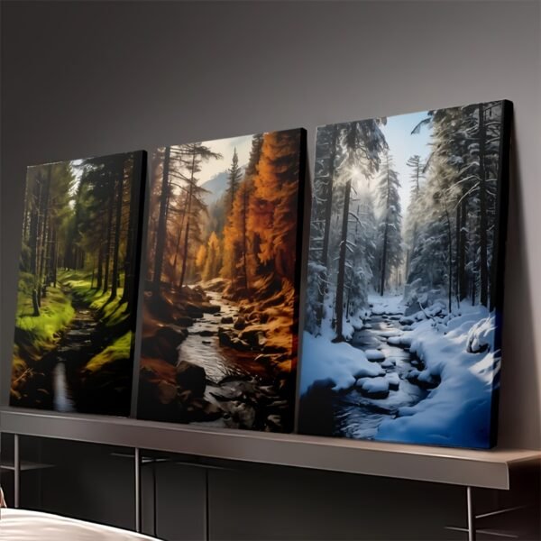 لوحة كانفا طبيعة للصالون 3 قطع – مناظر غابات الفصول الأربعة