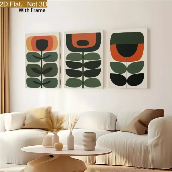 لوحة زهور هندسية أخضر وبرتقالي بأسلوب ريترو DecoMaroc المغرب